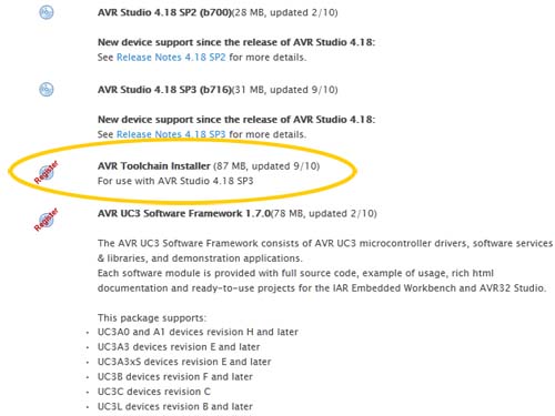 Downloading the AVR toolchain Installer from Atmel Downloading the AVR toolchain Installer from Atmel