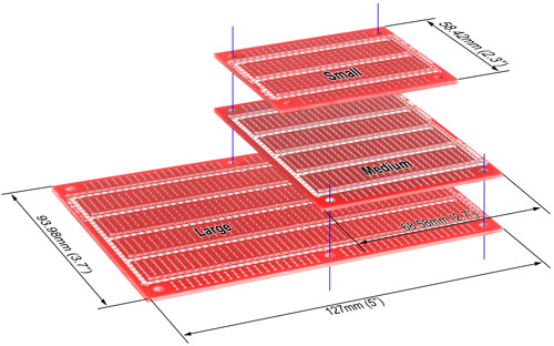 Small, medium and large prototyping boards Small, medium and large prototyping boards